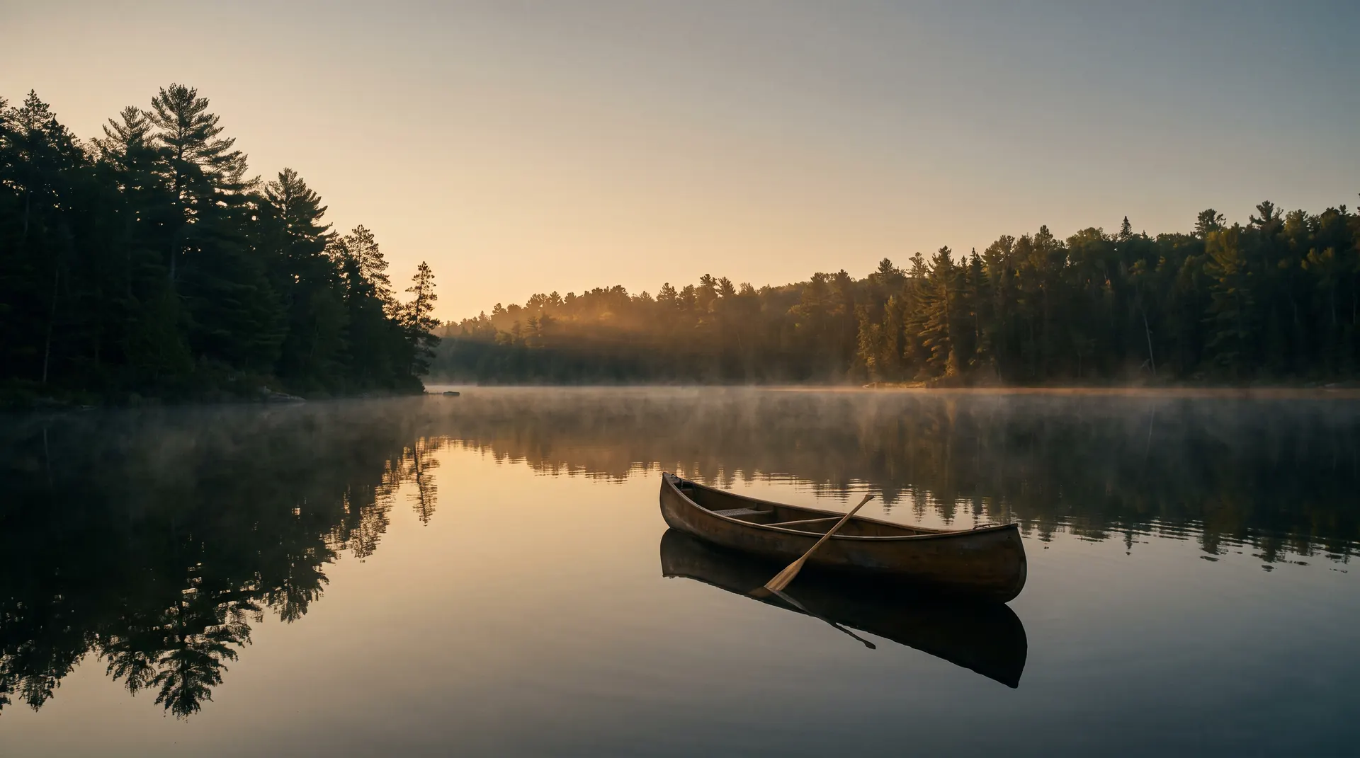 A single wooden canoe resting on a still lake at dawn