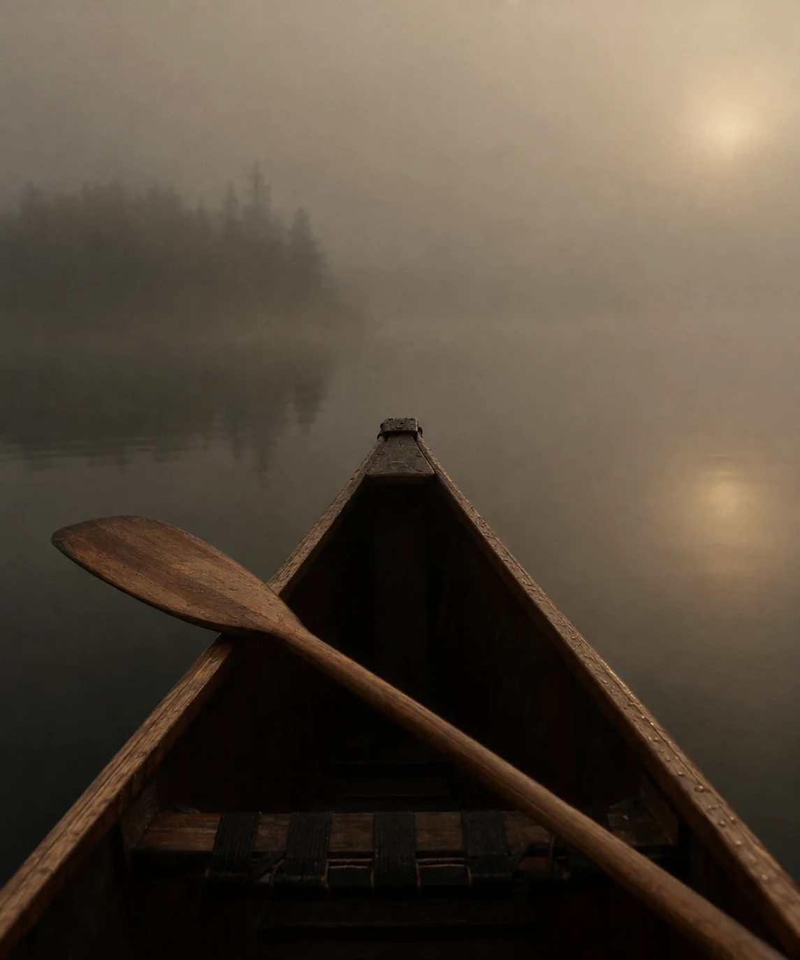 The bow of a canoe with a paddle resting across it in morning fog
