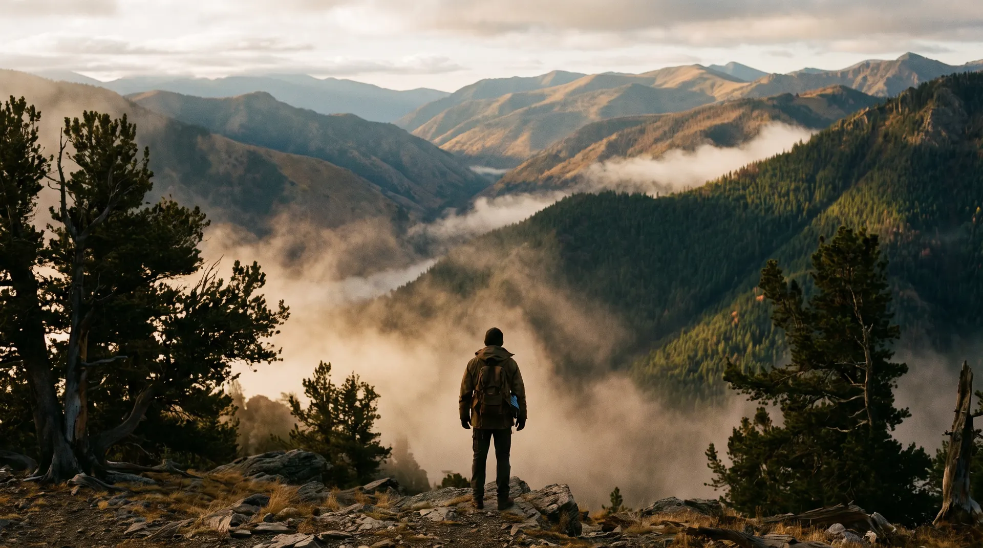 A leader looking out over a wide mountain valley at dawn