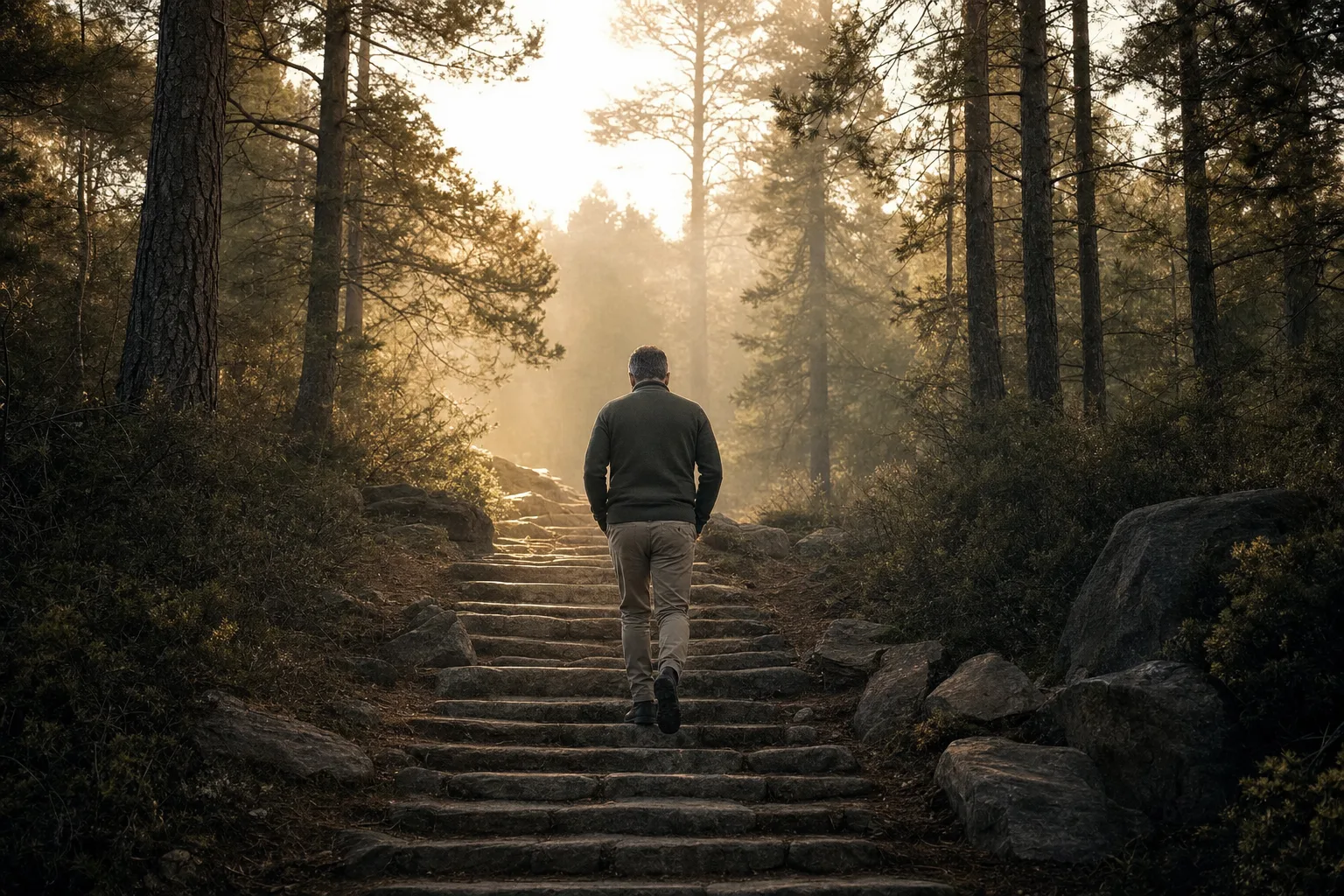 A leader walking up a stone stairway through a misty forest at dawn